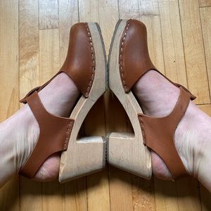Brown leather T-bar clogs